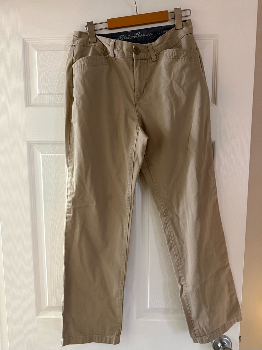Eddie Bauer Legendwash Cotton Tan Khaki Pants with Blue Waistband Detail